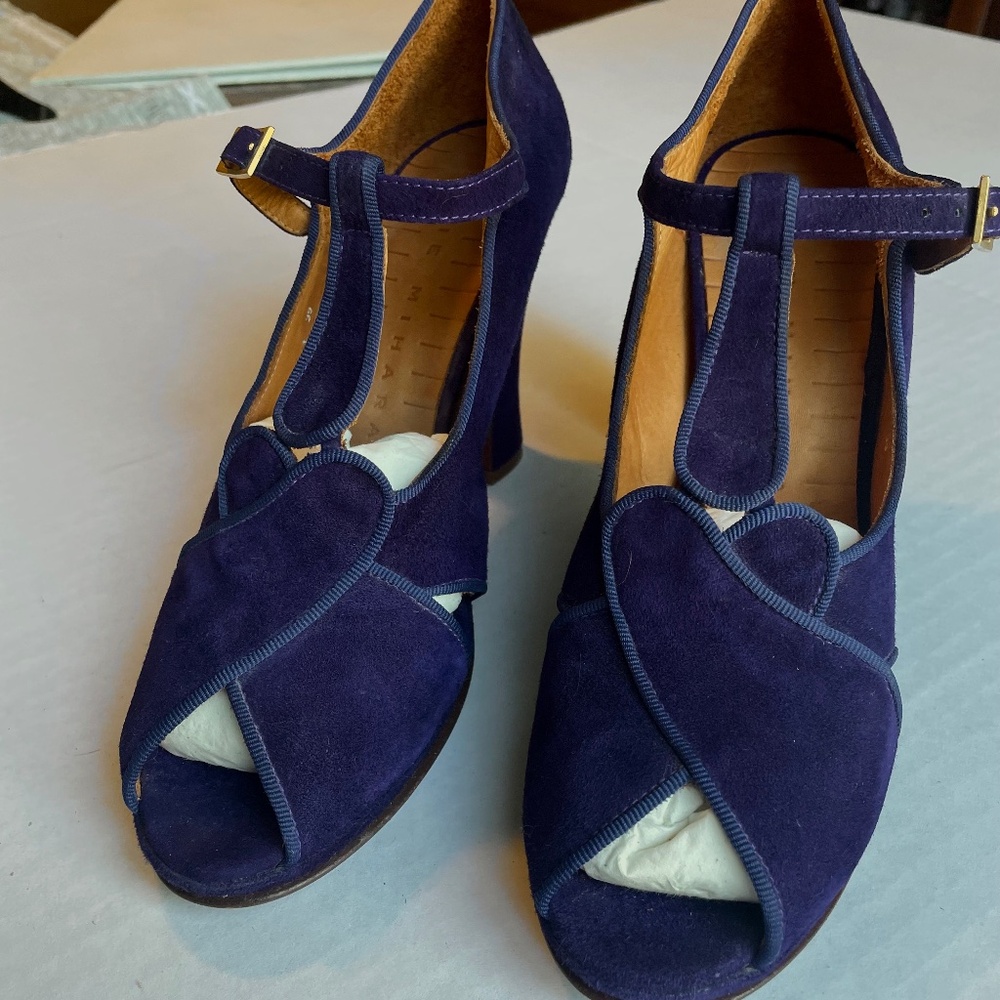 Plum Purple T-Strap Peep Toe Chunky Heel Shoes